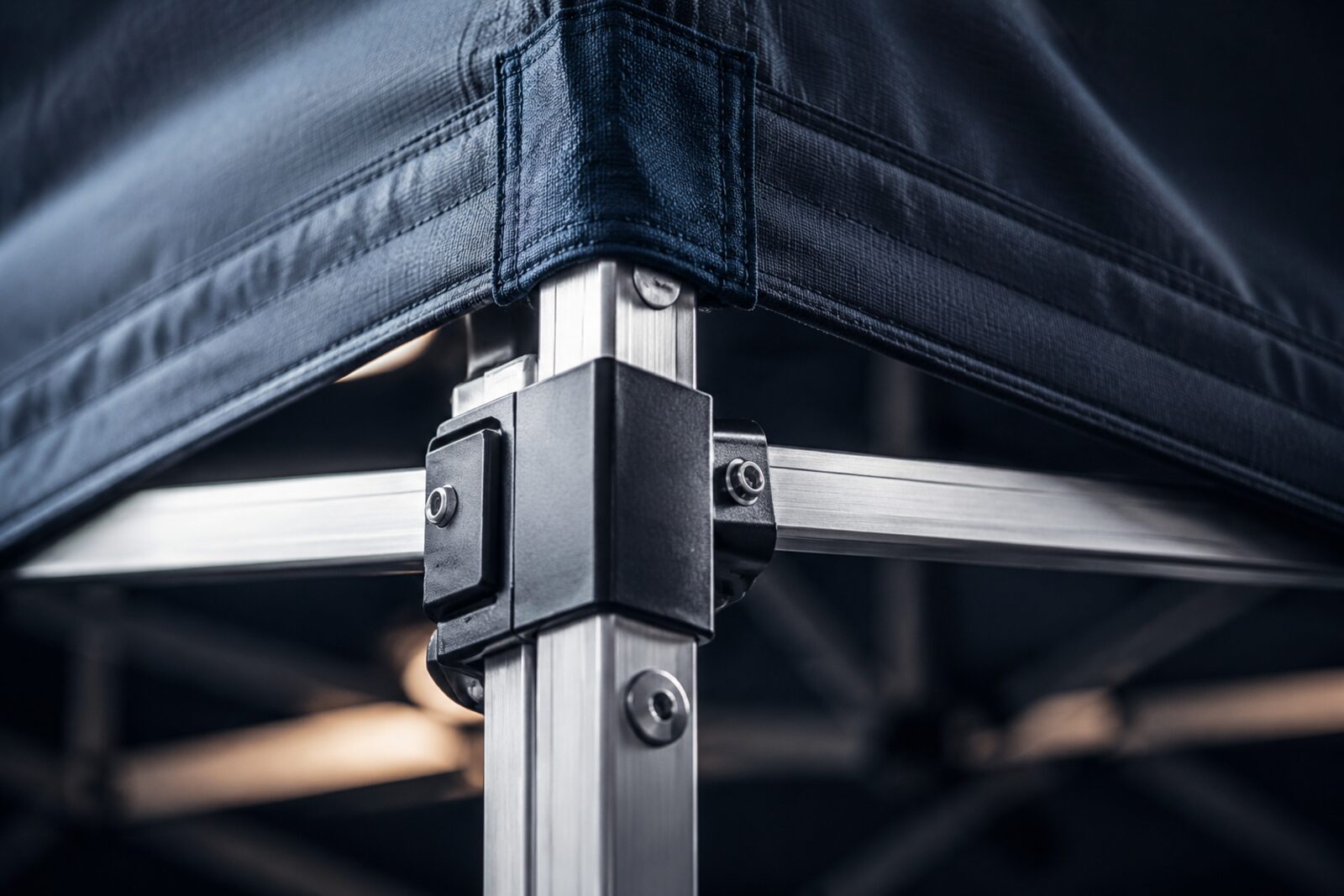 Close-up of an aluminium frame joint and canopy edge